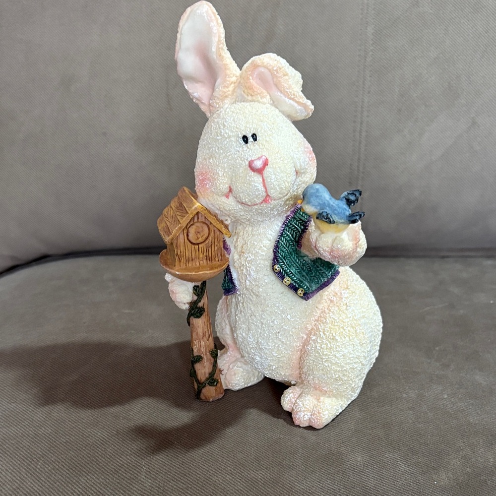 Easter Bunny Figurine with Bird and Birdhouse - Cream